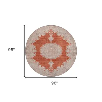 8' Rust And Beige Round Oriental Washable Indoor Outdoor Area Rug