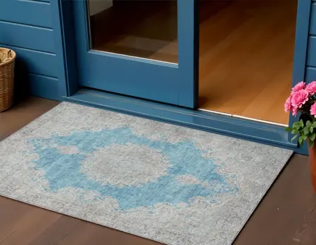 3' X 5' Teal Blue And Gray Oriental Washable Indoor Outdoor Area Rug