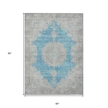 5' X 8' Teal Blue And Gray Oriental Washable Indoor Outdoor Area Rug