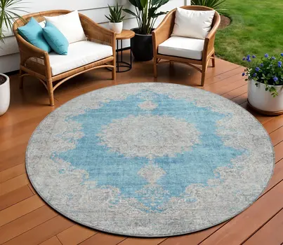 8' Teal Blue And Gray Round Oriental Washable Indoor Outdoor Area Rug