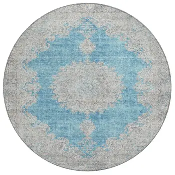 8' Teal Blue And Gray Round Oriental Washable Indoor Outdoor Area Rug