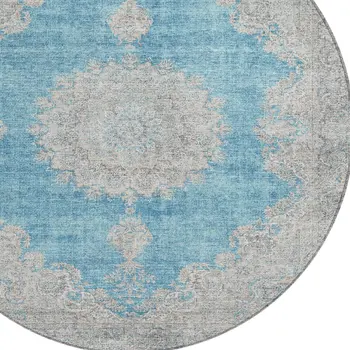 8' Teal Blue And Gray Round Oriental Washable Indoor Outdoor Area Rug