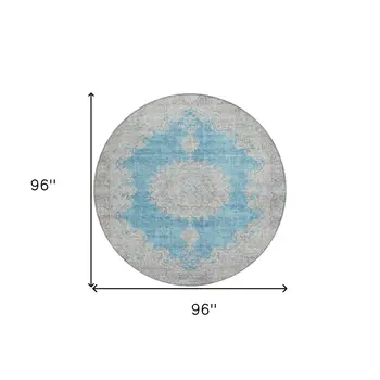 8' Teal Blue And Gray Round Oriental Washable Indoor Outdoor Area Rug
