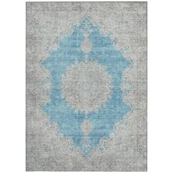 8' X 10' Teal Blue And Gray Oriental Washable Indoor Outdoor Area Rug
