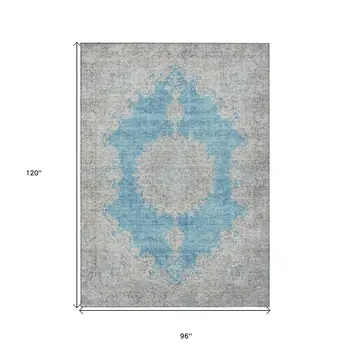 8' X 10' Teal Blue And Gray Oriental Washable Indoor Outdoor Area Rug