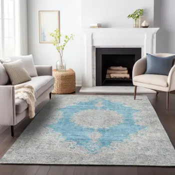 8' X 10' Teal Blue And Gray Oriental Washable Indoor Outdoor Area Rug