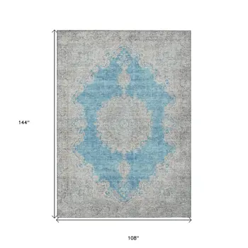 9' X 12' Teal Blue And Gray Oriental Washable Indoor Outdoor Area Rug