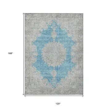 10' X 14' Teal Blue And Gray Oriental Washable Indoor Outdoor Area Rug