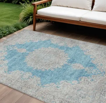 10' X 14' Teal Blue And Gray Oriental Washable Indoor Outdoor Area Rug