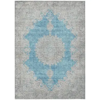 10' X 14' Teal Blue And Gray Oriental Washable Indoor Outdoor Area Rug