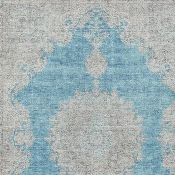 10' X 14' Teal Blue And Gray Oriental Washable Indoor Outdoor Area Rug