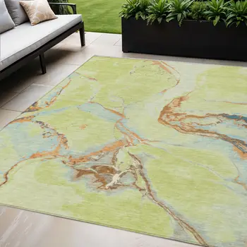 5' X 8' Artichoke Green Blue And Brown Abstract Washable Indoor Outdoor Area Rug
