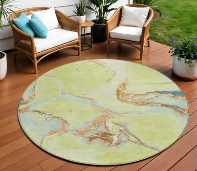 8' Artichoke Green Blue And Brown Round Abstract Washable Indoor Outdoor Area Rug