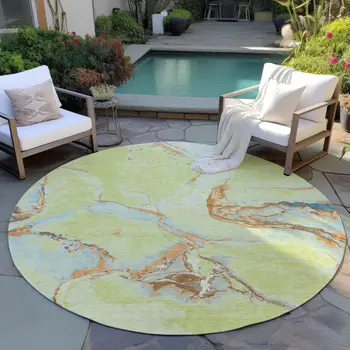 8' Artichoke Green Blue And Brown Round Abstract Washable Indoor Outdoor Area Rug
