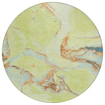 8' Artichoke Green Blue And Brown Round Abstract Washable Indoor Outdoor Area Rug