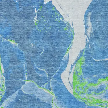 3' X 5' Denim Blue Neon Green And Ivory Abstract Washable Indoor Outdoor Area Rug