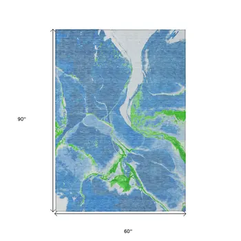 5' X 8' Denim Blue Neon Green And Ivory Abstract Washable Indoor Outdoor Area Rug