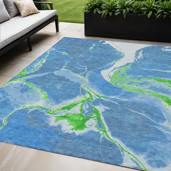 5' X 8' Denim Blue Neon Green And Ivory Abstract Washable Indoor Outdoor Area Rug