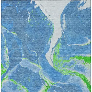 9' X 12' Denim Blue Neon Green And Ivory Abstract Washable Indoor Outdoor Area Rug