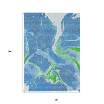 9' X 12' Denim Blue Neon Green And Ivory Abstract Washable Indoor Outdoor Area Rug