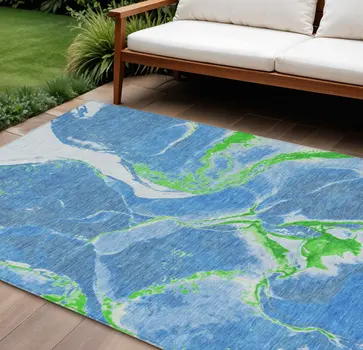 9' X 12' Denim Blue Neon Green And Ivory Abstract Washable Indoor Outdoor Area Rug