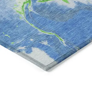 9' X 12' Denim Blue Neon Green And Ivory Abstract Washable Indoor Outdoor Area Rug