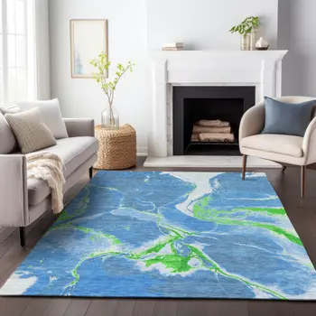 9' X 12' Denim Blue Neon Green And Ivory Abstract Washable Indoor Outdoor Area Rug
