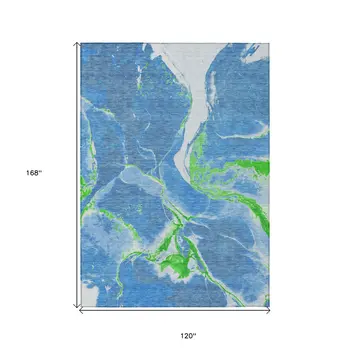 10' X 14' Denim Blue Neon Green And Ivory Abstract Washable Indoor Outdoor Area Rug