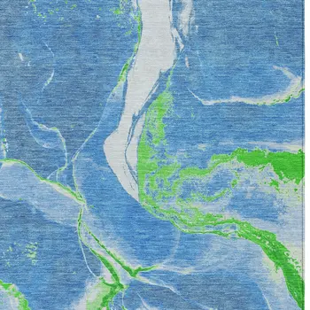 10' X 14' Denim Blue Neon Green And Ivory Abstract Washable Indoor Outdoor Area Rug