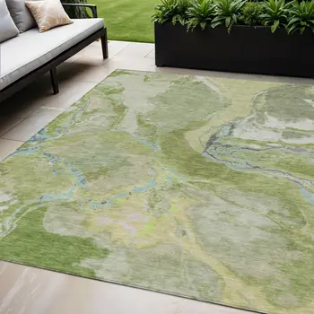 5' X 8' Green Blue And Gray Abstract Washable Indoor Outdoor Area Rug