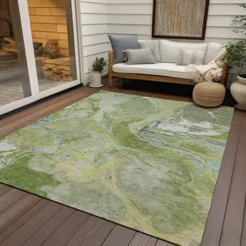 5' X 8' Green Blue And Gray Abstract Washable Indoor Outdoor Area Rug