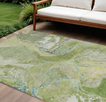 9' X 12' Green Blue And Gray Abstract Washable Indoor Outdoor Area Rug