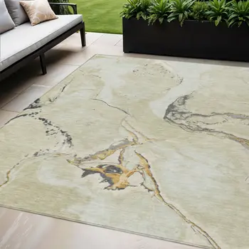 5' X 8' Ivory Gray And Gold Abstract Washable Indoor Outdoor Area Rug