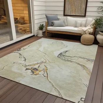 5' X 8' Ivory Gray And Gold Abstract Washable Indoor Outdoor Area Rug
