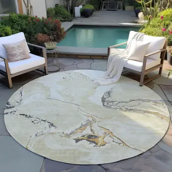 8' Ivory Gray And Gold Round Abstract Washable Indoor Outdoor Area Rug