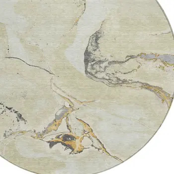 8' Ivory Gray And Gold Round Abstract Washable Indoor Outdoor Area Rug