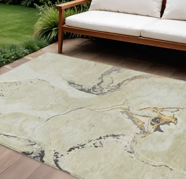 10' X 14' Ivory Gray And Gold Abstract Washable Indoor Outdoor Area Rug