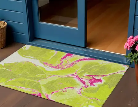 3' X 5' Lime Green Neon Pink And Ivory Abstract Washable Indoor Outdoor Area Rug