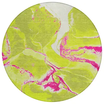 8' Lime Green Neon Pink And Ivory Round Abstract Washable Indoor Outdoor Area Rug