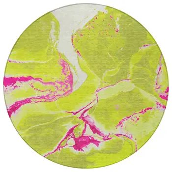 8' Lime Green Neon Pink And Ivory Round Abstract Washable Indoor Outdoor Area Rug