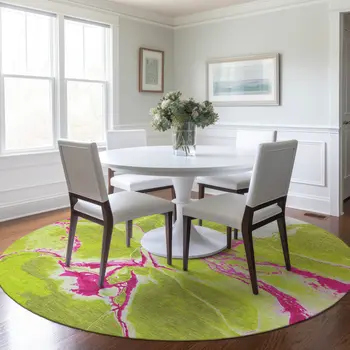 8' Lime Green Neon Pink And Ivory Round Abstract Washable Indoor Outdoor Area Rug