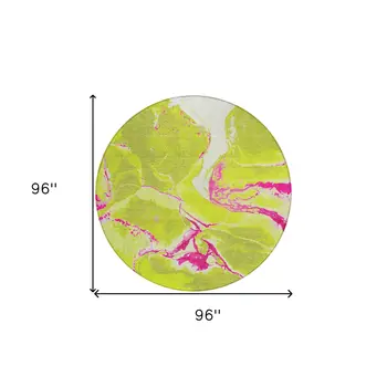 8' Lime Green Neon Pink And Ivory Round Abstract Washable Indoor Outdoor Area Rug