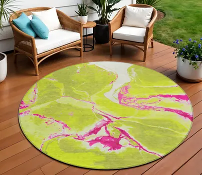 8' Lime Green Neon Pink And Ivory Round Abstract Washable Indoor Outdoor Area Rug
