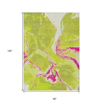 8' X 10' Lime Green Neon Pink And Ivory Abstract Washable Indoor Outdoor Area Rug