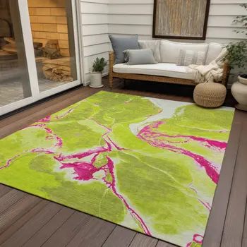 8' X 10' Lime Green Neon Pink And Ivory Abstract Washable Indoor Outdoor Area Rug