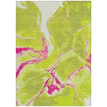 9' X 12' Lime Green Neon Pink And Ivory Abstract Washable Indoor Outdoor Area Rug