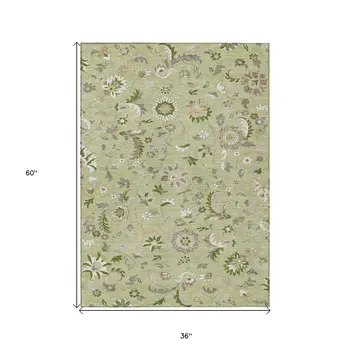 3' X 5' Artichoke Green Gray And Brown Floral Washable Indoor Outdoor Area Rug