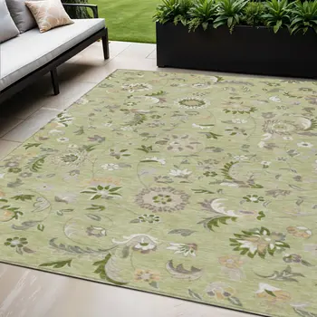5' X 8' Artichoke Green Gray And Brown Floral Washable Indoor Outdoor Area Rug