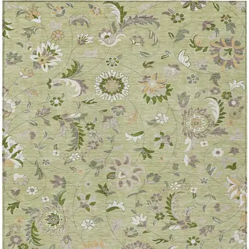5' X 8' Artichoke Green Gray And Brown Floral Washable Indoor Outdoor Area Rug