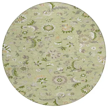 8' Artichoke Green Gray And Brown Round Floral Washable Indoor Outdoor Area Rug